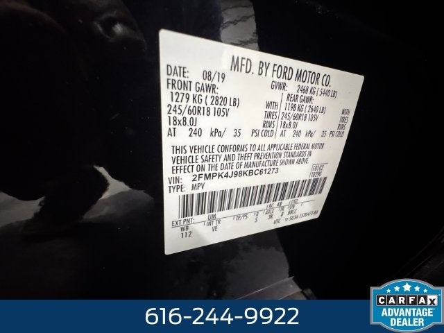 2019 Ford Edge SEL 2.0 Liter EcoBoost Turbocharged AWD Leather Seatin
