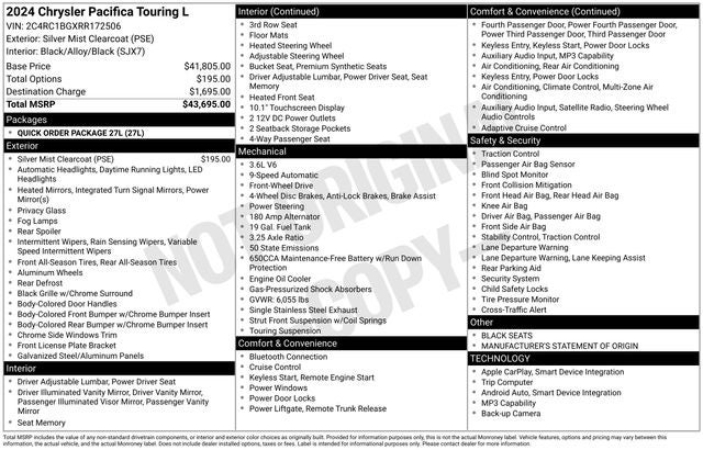 2024 Chrysler Pacifica Touring L 3.6 Liter V6 7 Passenger 3rd Row Seating